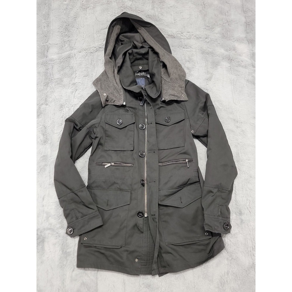 Zara Man Utility Jacket Mens Small Olive Canvas Hooded Parka Insulated Lined Zip